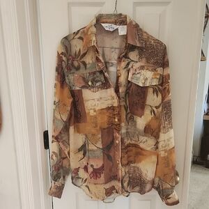 Women's Casual Sheer Multi Media Graphic Button Down Shirt - Multicolor